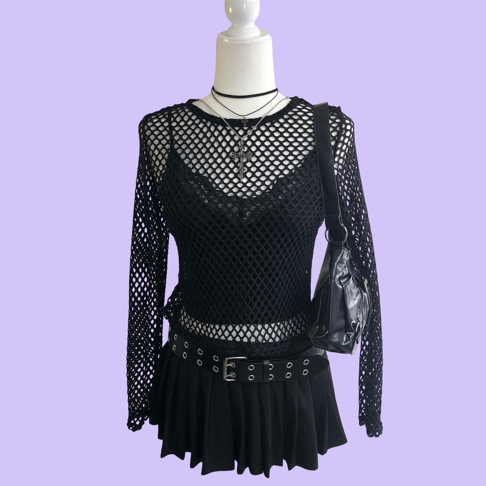 Vintage y2k Say Anything Black Fishnet Mesh Long Sleeve Top Womens L Grunge Goth